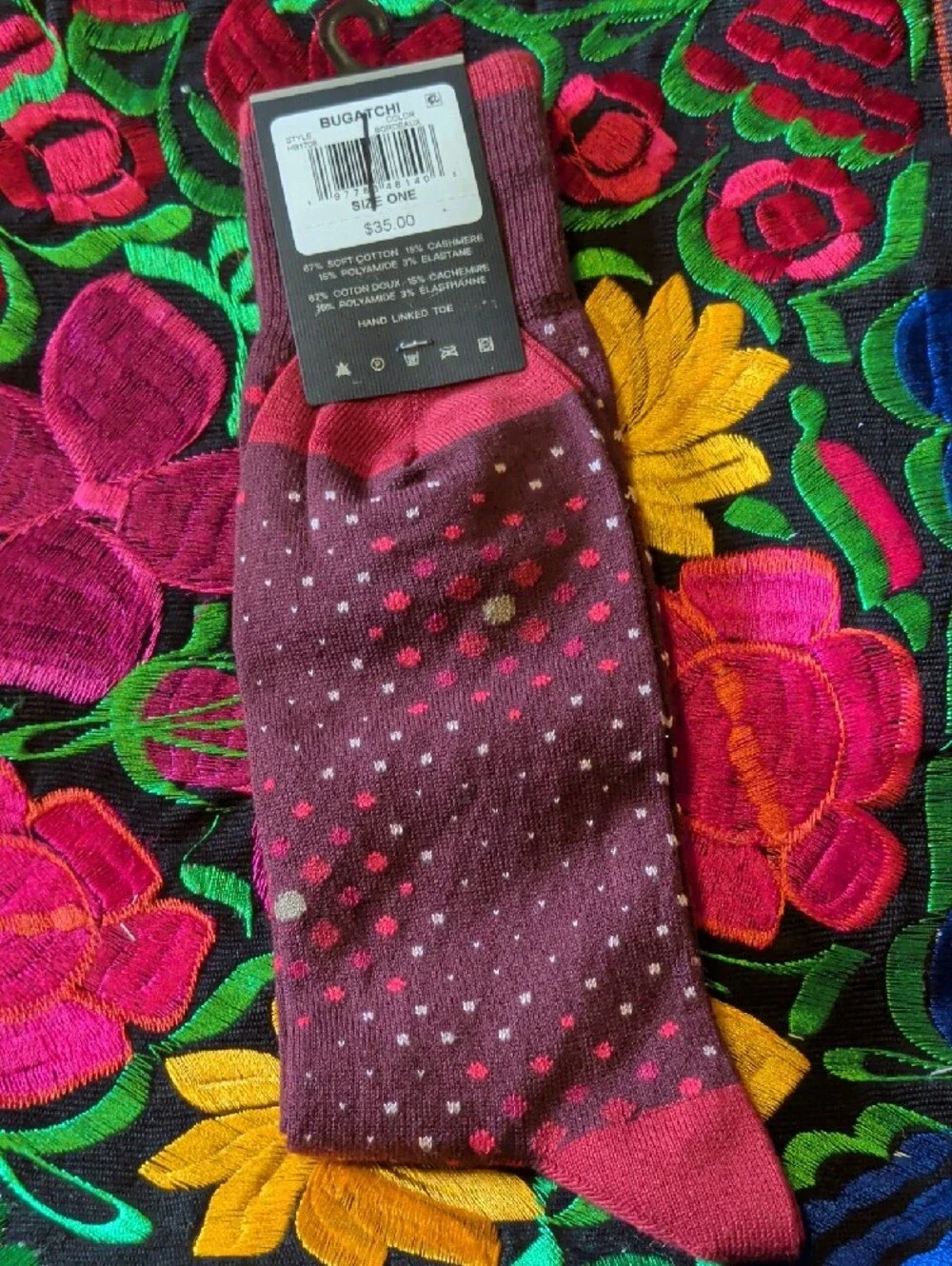 Bugatchi Men's Burgundy Patterned Dress Socks - Pair with Dots & Subtle Stripe